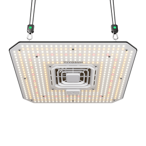 Vivosun LED grow light with a square white panel, integrated fan, and hanging ropes against a black background.