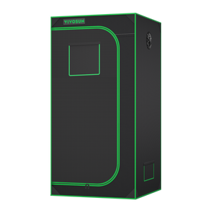 Tall black VIVOSUN grow tent with green piping, a front zippered door, a viewing window, and ventilation ports.
