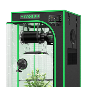 Black and green Vivosun grow tent with hanging exhaust fan, grow light, clip-on fan, and controller panel.