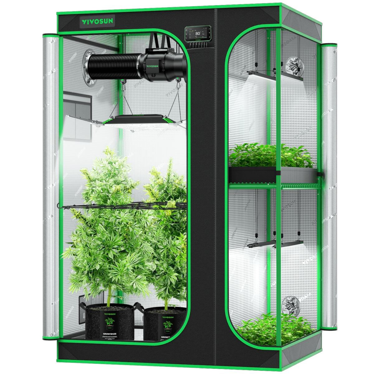 Black and green dual-chamber grow tent with plants, LED lights, ventilation fan, and control panel.