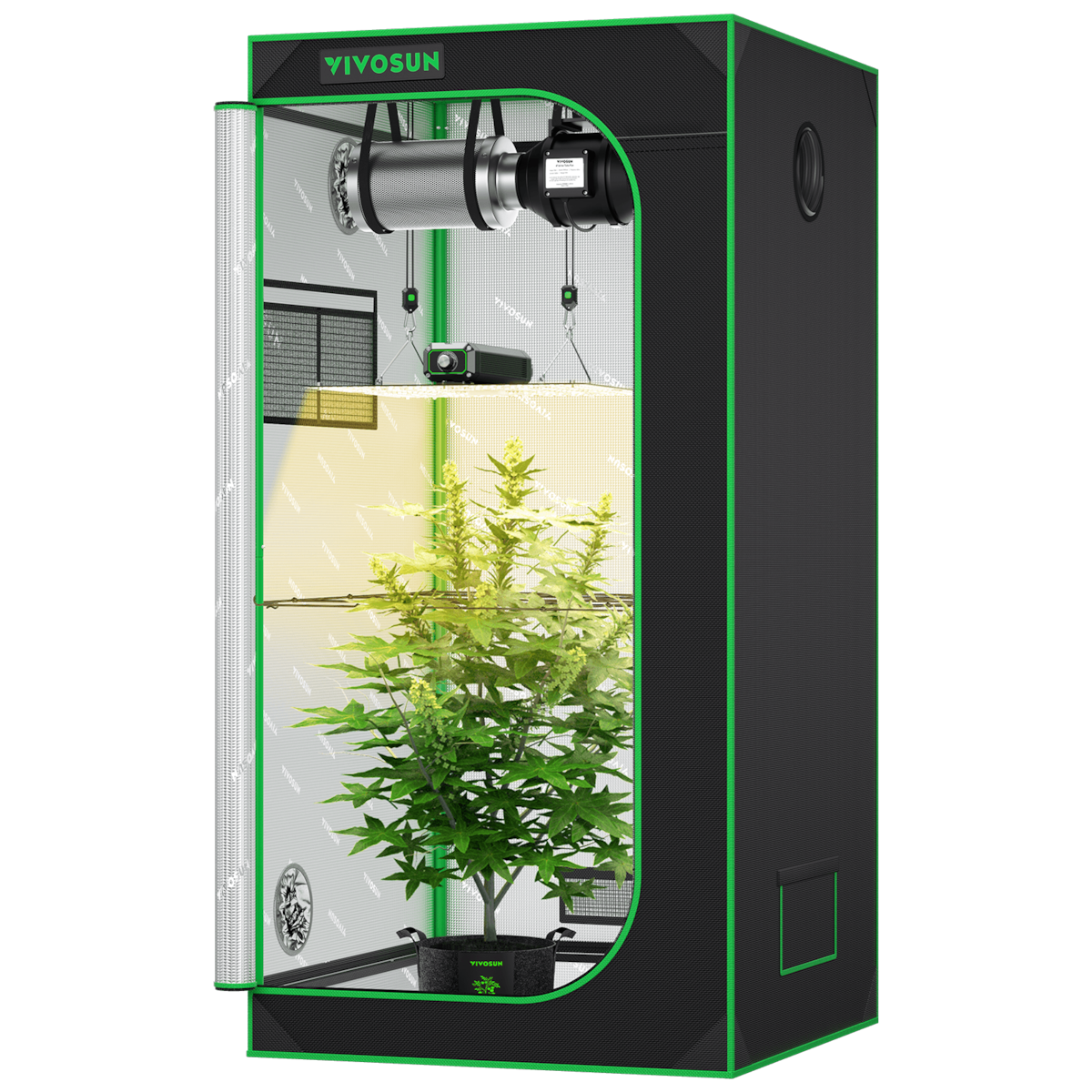 Black and green Vivosun grow tent containing a plant, LED light panel hanging above, and ventilation system.