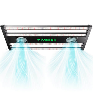 Black VIVOSUN LED grow light with four light bars, two cooling fans, and blue airflow radiating downward.
