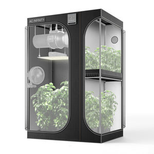 AC Infinity Cloudlab 743D black multi-chamber grow tent with internal plants, ventilation, and lighting on a white ground.
