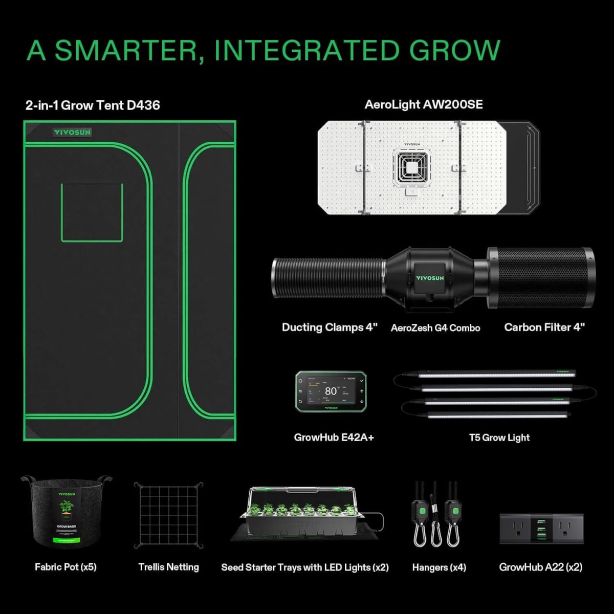 Grow kit with tent, LED light, ventilation, controller, pots, netting, trays, and accessories.