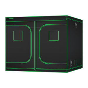 Black VIVOSUN grow tent with green trim, double doors, zippered windows, and ventilation ports on a black background.