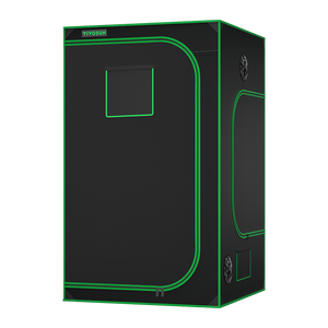 Black VIVOSUN grow tent with green trim, zippered front door, viewing window, and ventilation ports on a black background.