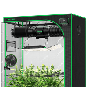 A black and green Vivosun grow tent contains a duct fan, LED grow light, clip-on fan, and green plants.