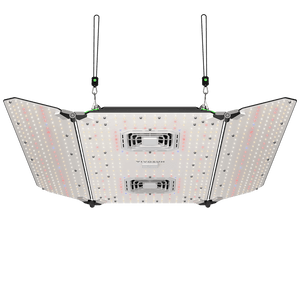 Hanging LED grow light with a rectangular center panel, two angled side panels, and dual cooling fans.