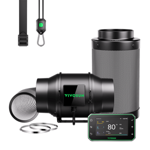 Black inline fan, carbon filter, ducting, digital controller, hanging straps, and metal clamps on a black background.