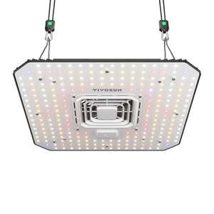 Square VIVOSUN LED grow light hanging from ropes against a black background, featuring a central cooling fan and multicolored diodes.
