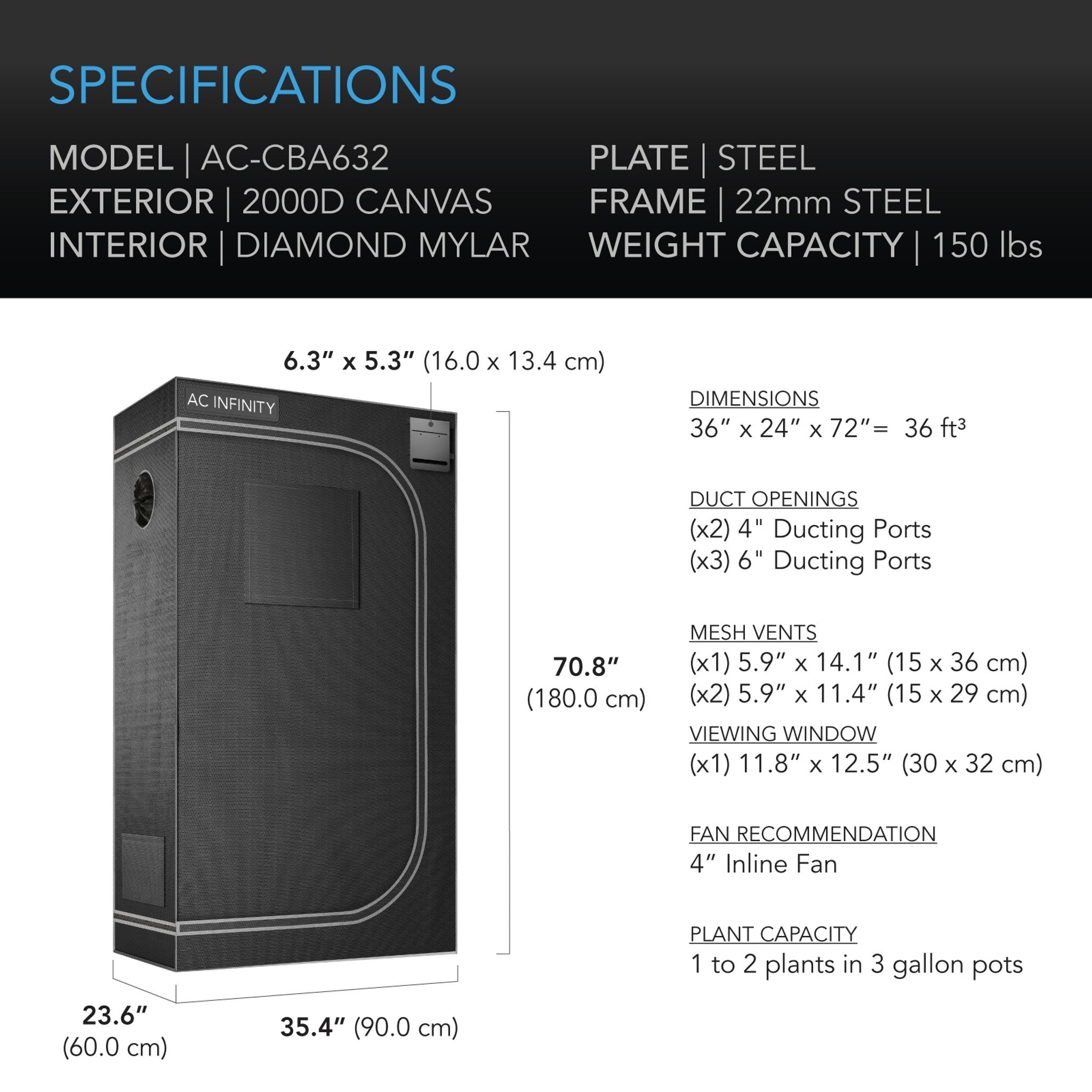 30x30x60 grow tent AC Infinity CLOUDLAB 632 3' x 2' 2000D Diamond Mylar Advance Grow Tent
