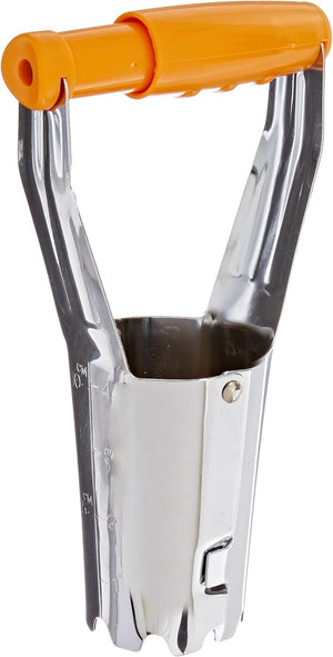 Fiskars bulb transplanter with a shiny chrome-plated steel cylinder and a bright orange handle for planting bulbs.