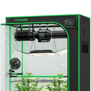 Black and green VIVOSUN grow tent interior with LED grow light, ventilation fan, carbon filter, clip-on fan, and young plants.