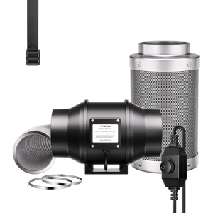 Black inline tube fan, silver carbon filter, ducting, controller, straps, and clamps on black.