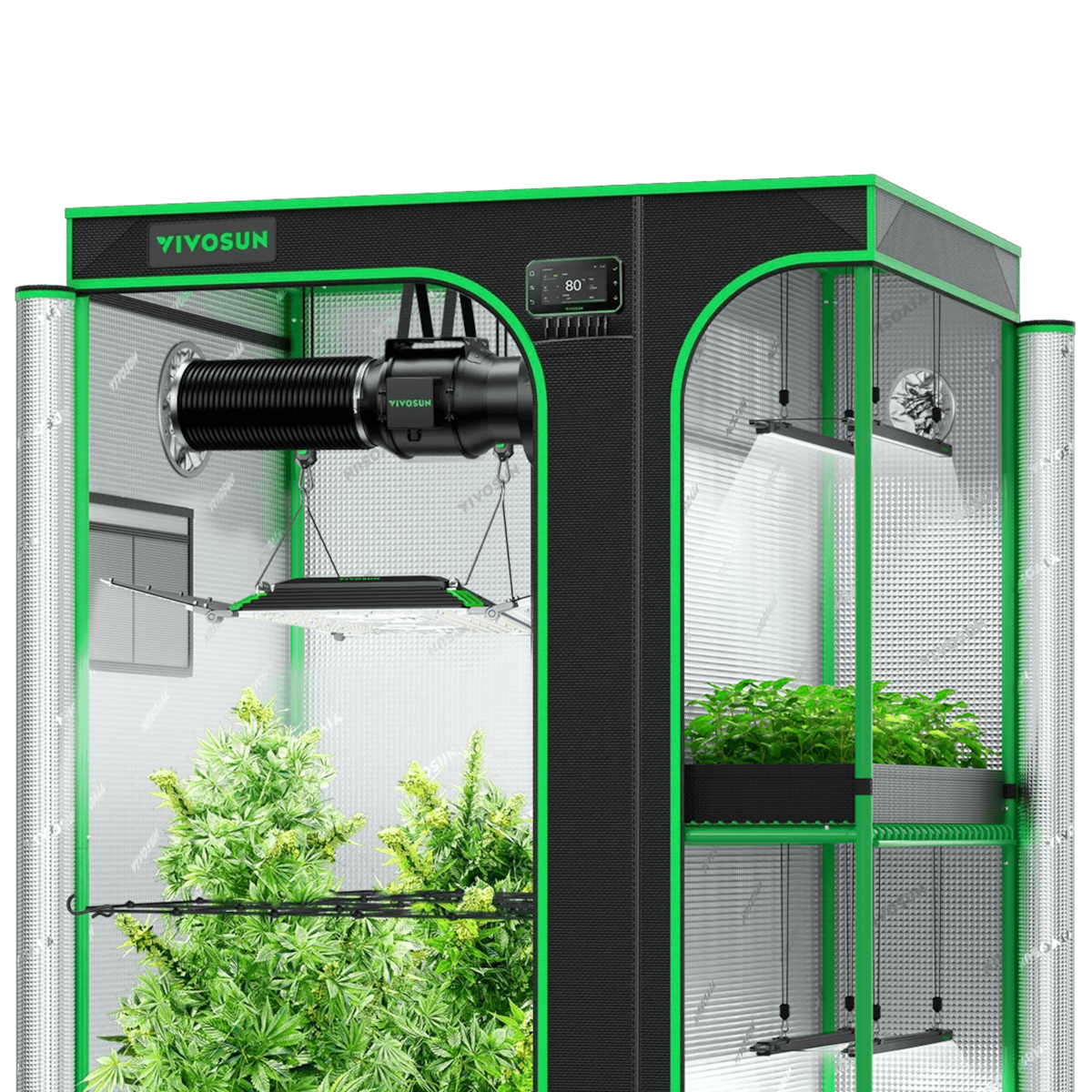 Black and green Vivosun grow tent containing plants, hanging LED lights, a duct fan, and reflective interior walls.
