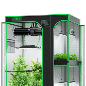 Black and green Vivosun grow tent containing plants, hanging LED lights, a duct fan, and reflective interior walls.