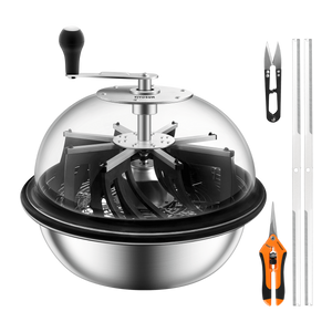 Stainless steel bowl trimmer with clear dome, hand crank, black rubber blades, scissors, and spare blades.