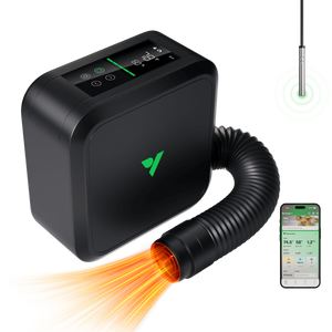 Black rectangular device with digital display, attached corrugated hose emitting orange light, probe sensor, and smartphone.