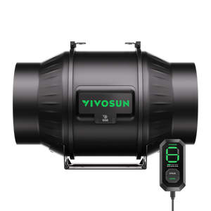 Black VIVOSUN inline duct fan with green branding and a matching digital controller against a black background.