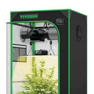 Black and green Vivosun grow tent containing a hanging inline fan, filter, LED light, and a potted plant inside.