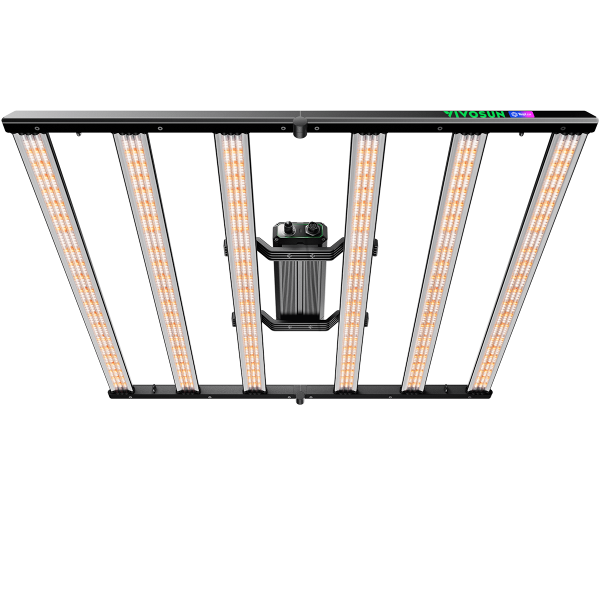 Black LED grow light with six parallel bars emitting warm orange light and a central driver.
