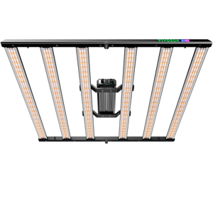 Black Vivosun LED grow light with six parallel light bars and a central driver against a black background.