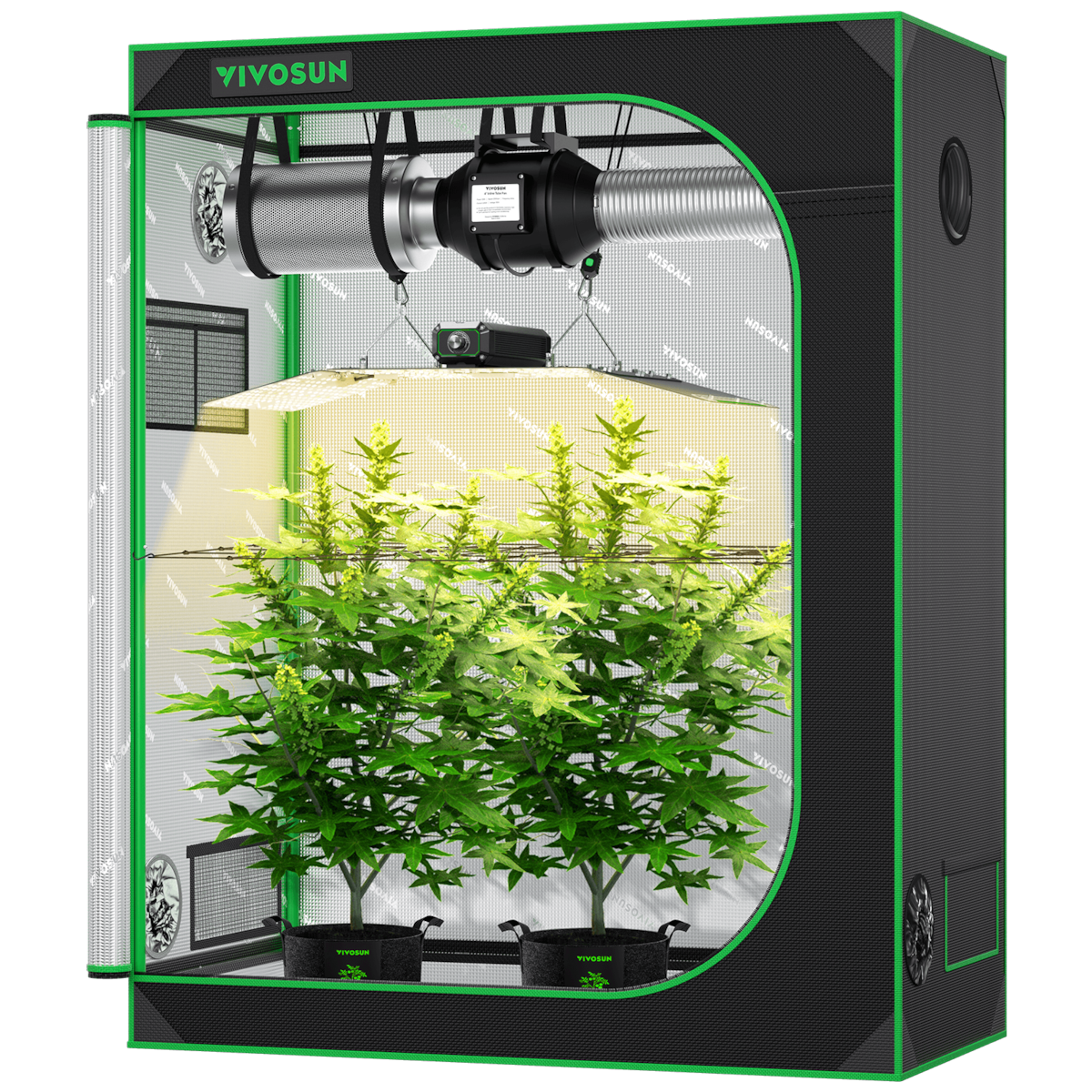 Black and green Vivosun grow tent containing green plants, hanging LED light, filter, and ventilation duct.