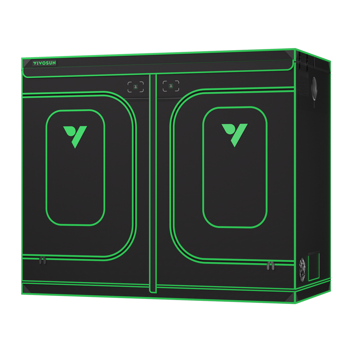 Black and green VIVOSUN grow tent with two front doors and reflective green trim against a black background.