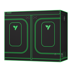 Black and green Vivosun grow tent with double doors, observation windows, and green neon piping against a black background.