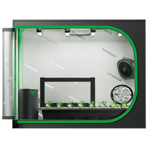 Interior view of a VIVOSUN grow tent with reflective walls, hanging lights, fan, filter, and young plants in a tray.
