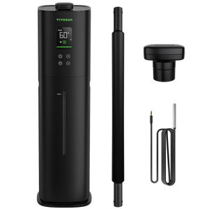 Black Vivosun smart humidifier with digital display, ribbed extension hose, nozzle attachment, and cabled sensor probe.