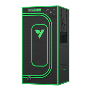 Black and green Vivosun grow tent with a zippered front door and green Vivosun logo on a black background.