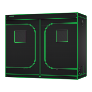 Black grow tent with green trim, two front doors, observation windows, and zippered vents on a black background.