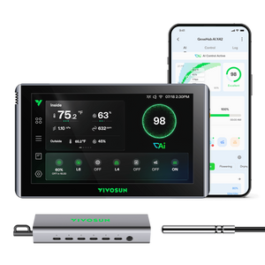 Vivosun GrowHub controller display, smartphone app interface, and sensor module on black background.