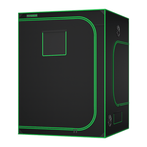 Black grow tent with green trim, zipper doors, ventilation ports, and a viewing window against a black background.