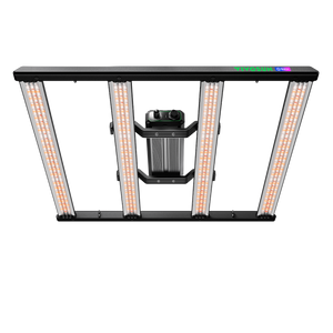 Black LED grow light fixture with four bar lights and a central power driver against a black background.