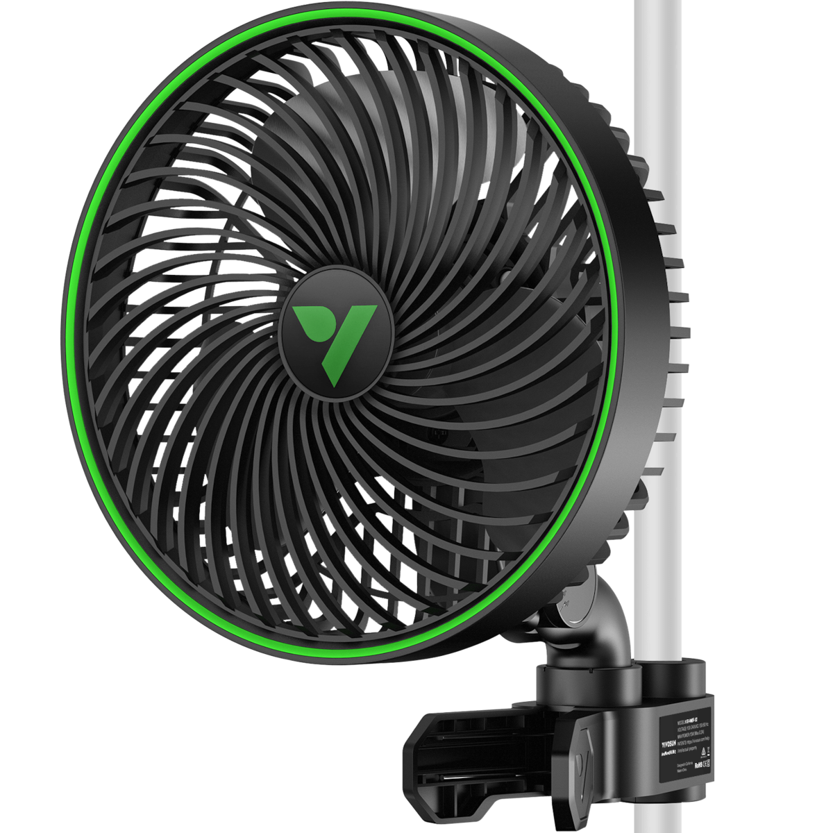 Black oscillating clip fan with green rim, attached to a vertical pole against a black background.