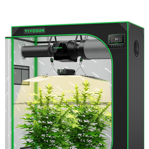 Vivosun black and green indoor grow tent with a hanging LED grow light, inline ventilation system, and plants inside.