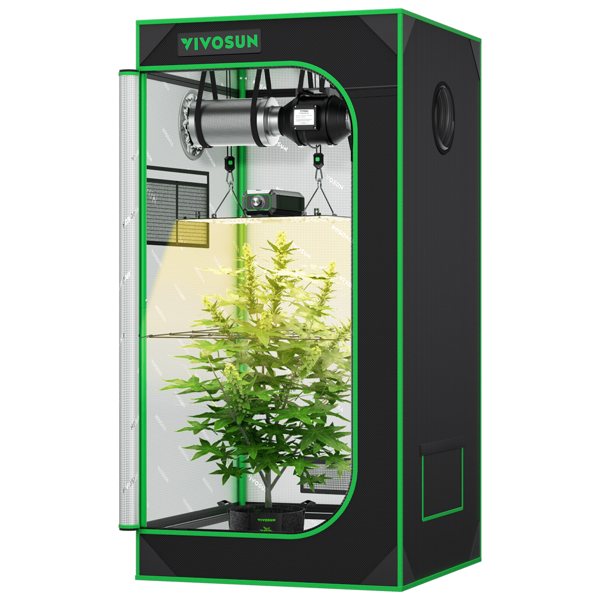 VIVOSUN black and green grow tent containing a hanging light, ventilation system, and a green plant in a pot.