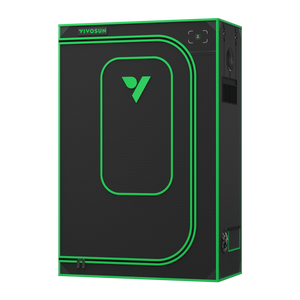 Black and green Vivosun grow tent with a central viewing window, green piping, and side vents against a black background.
