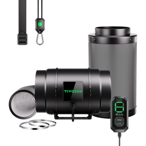 Vivosun ventilation kit with black duct fan, carbon filter, silver ducting, controller, straps, and clamps.