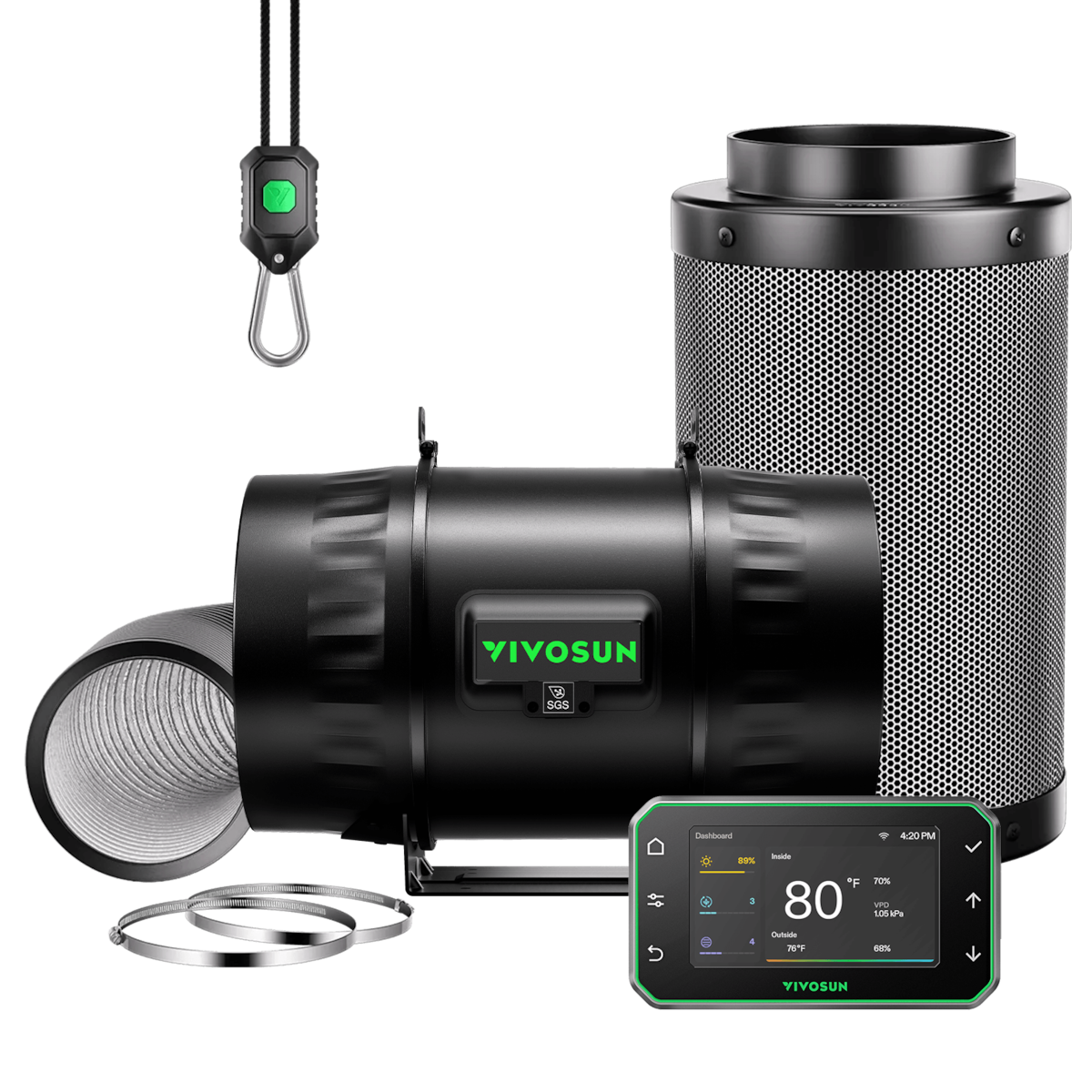 Vivosun ventilation kit with black inline fan, carbon filter, ducting, controller, clamps, and hanging rope.