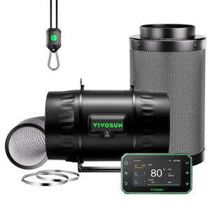 VIVOSUN ventilation kit with black inline fan, carbon filter, ducting, controller, clamps, and hanging ropes.