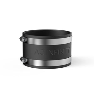 Black 4-inch noise-reducing duct coupler with two stainless steel clamps, featuring the AC Infinity logo.