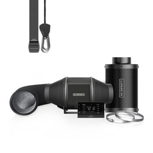 AC Infinity 4" ventilation kit with black inline fan, carbon filter, flexible ducting, smart controller, and hangers.