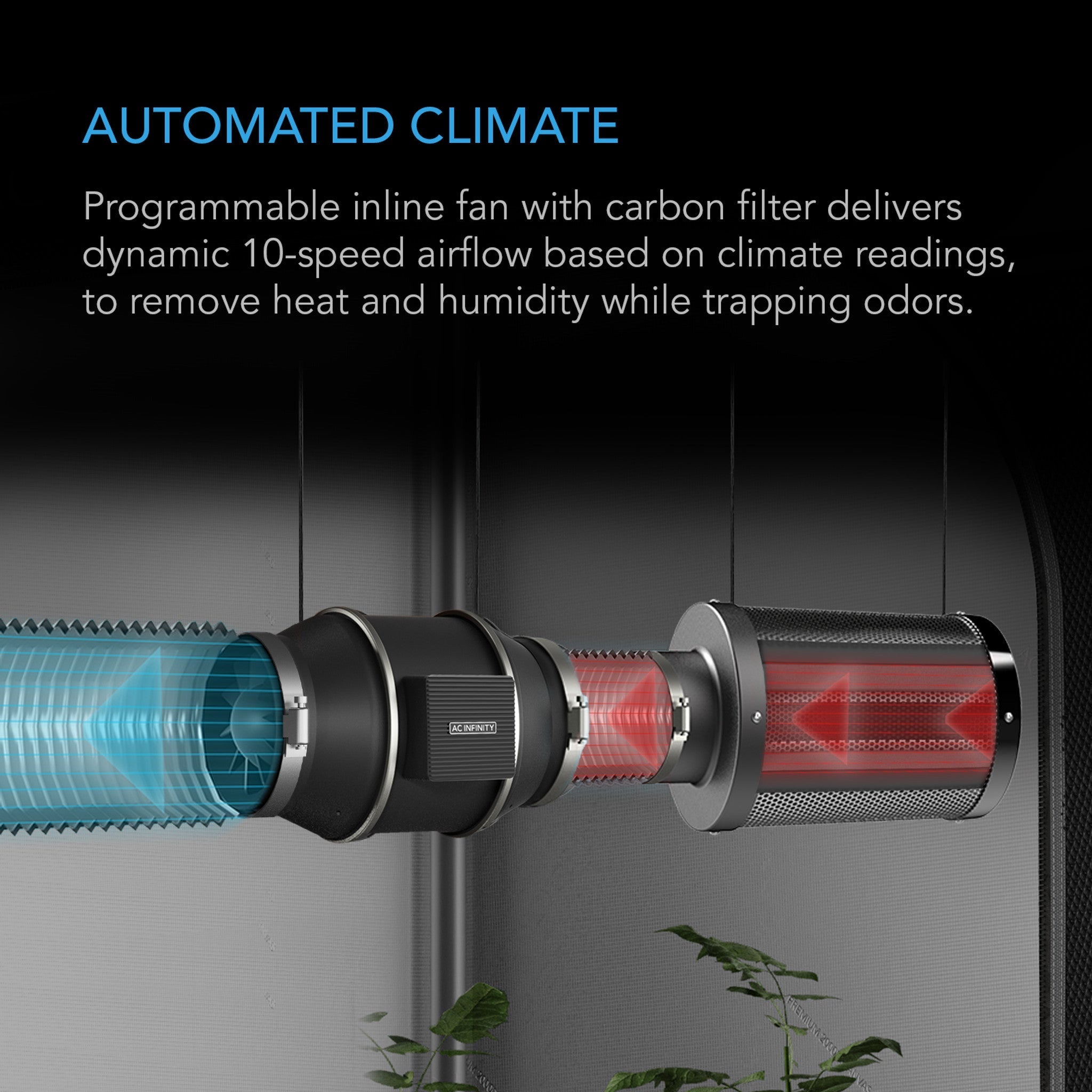 AC Infinity inline fan with carbon filter, showing blue and red airflow visual effects, suspended in a grow tent.