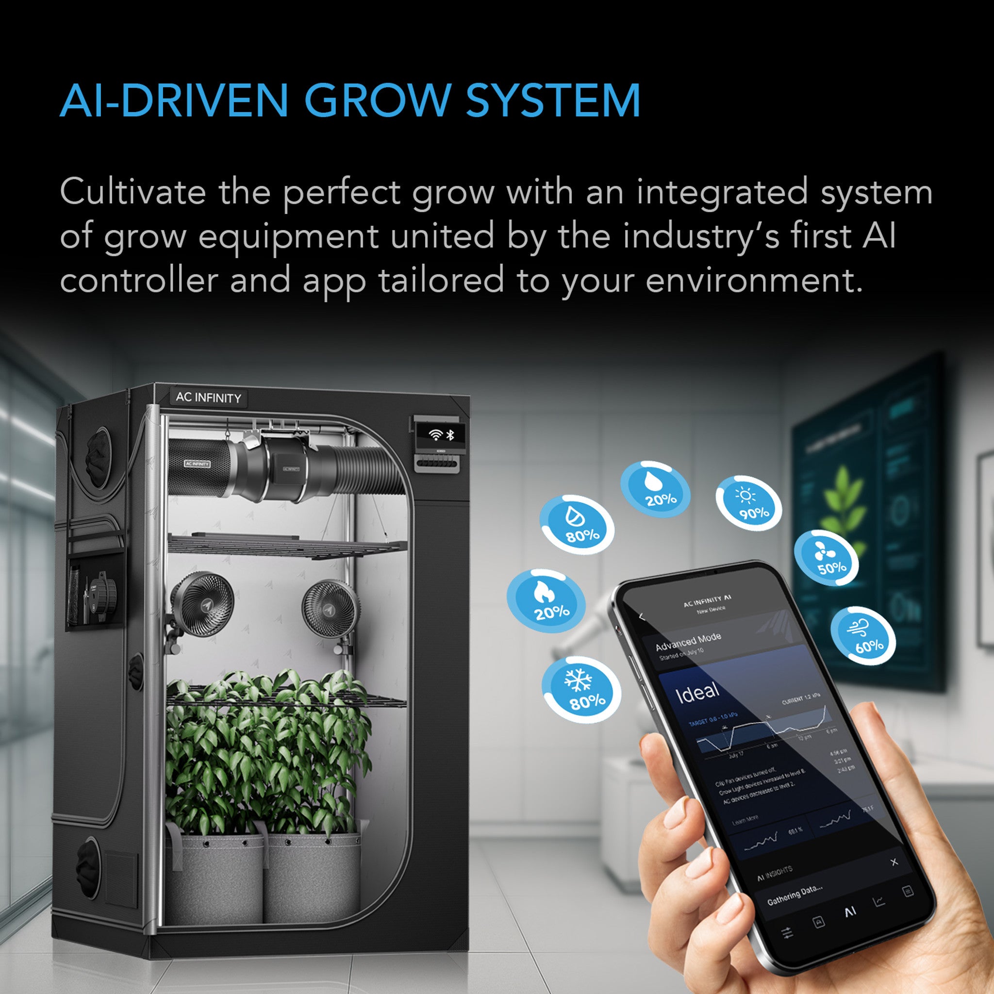 AC Infinity 5x5 grow tent kit featuring black fabric, integrated AI-driven ventilation, and mobile app environmental control.