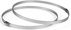 Two silver stainless steel 6-inch duct clamps for securing ventilation hoses in a hydroponic grow setup.