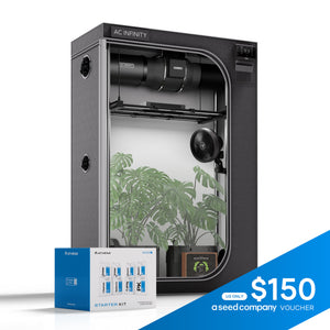 AC Infinity black grow tent system with internal light, fan, and ventilation, plus an Athena nutrients starter kit.