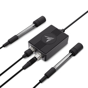 AC Infinity AI Hydro Sensor with a black control box and two glass-encased probes to monitor hydroponic water quality.